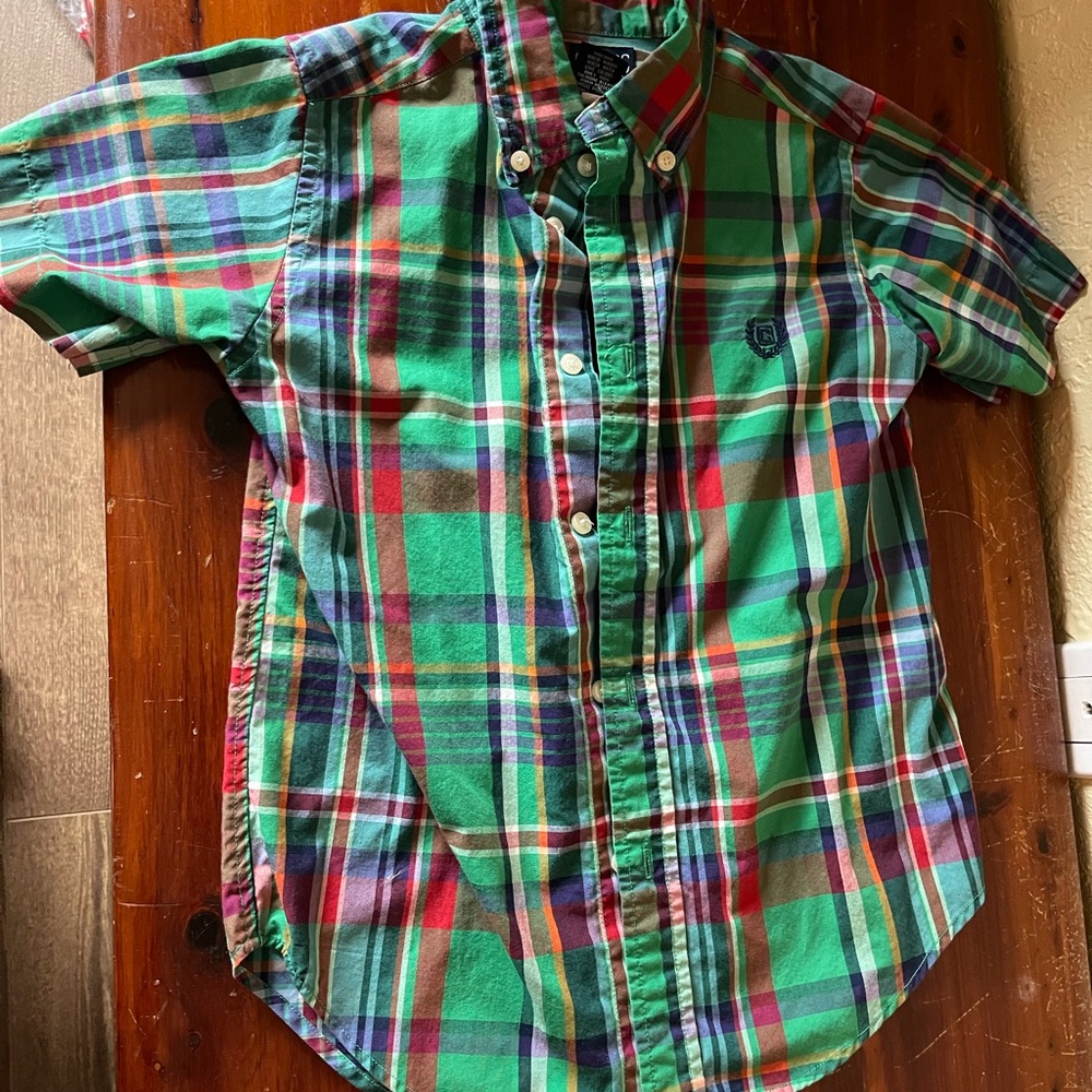 Chaps Boys Size 5 Green & Red Plaid Collar Button Down Shirt